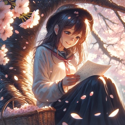 古い桜の木の下での手紙読み