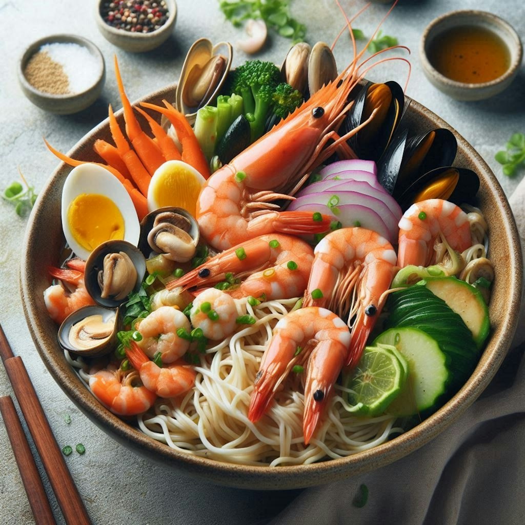 秋の野菜入りseafood noodle