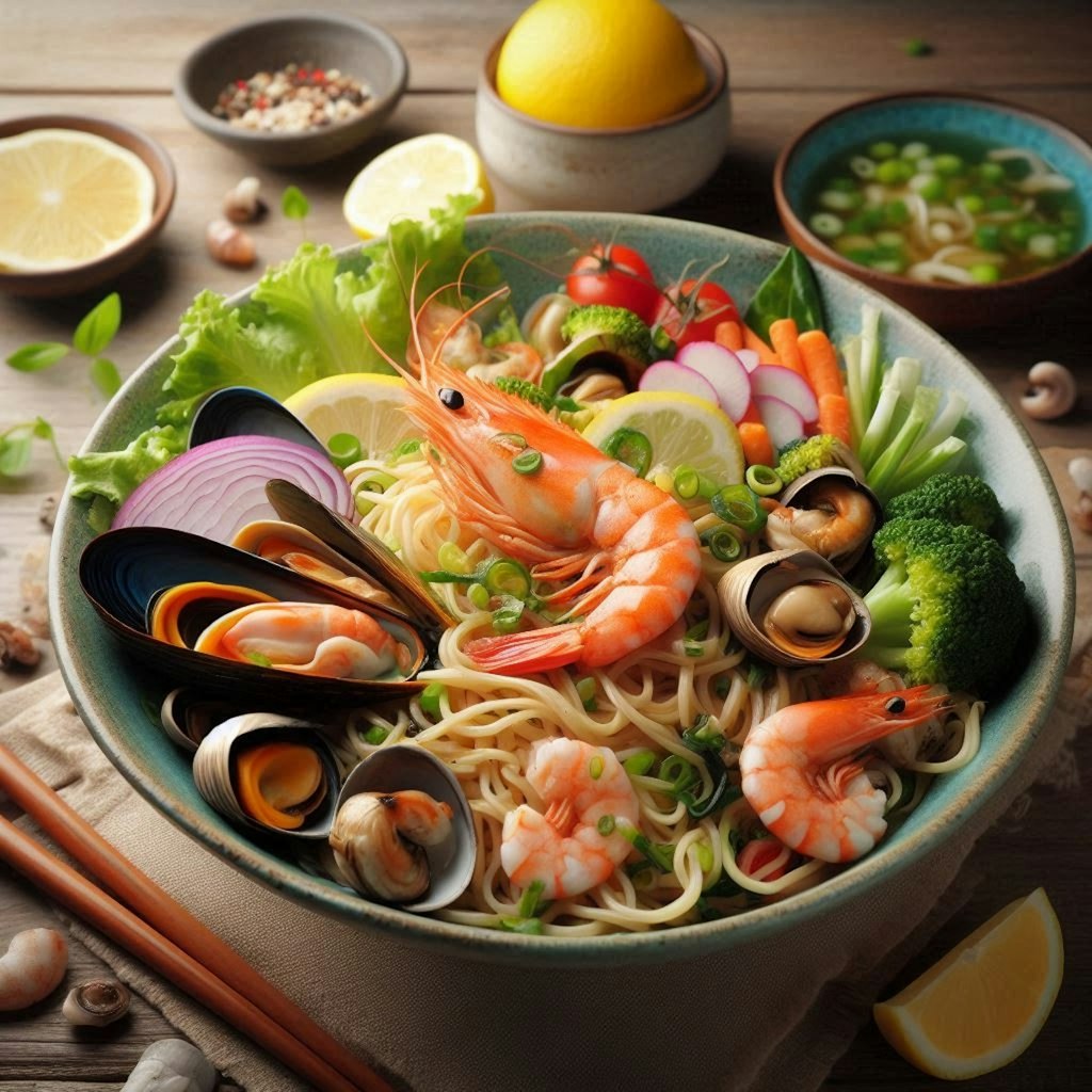 秋の野菜入りseafood noodle