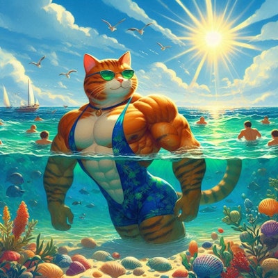 ファンタジー風イラスト 水着で泳ぐ筋肉猫