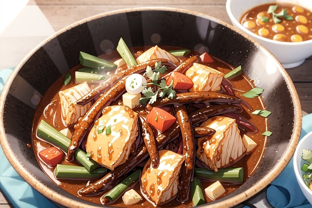 魚と山菜の煮物　鶉卵入り麻婆カレーも添えて