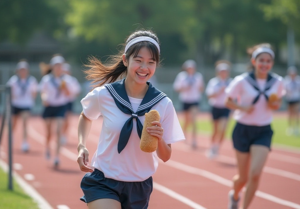 制服でパンを持って徒競走