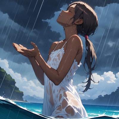 雨の中で天を仰ぐ少女