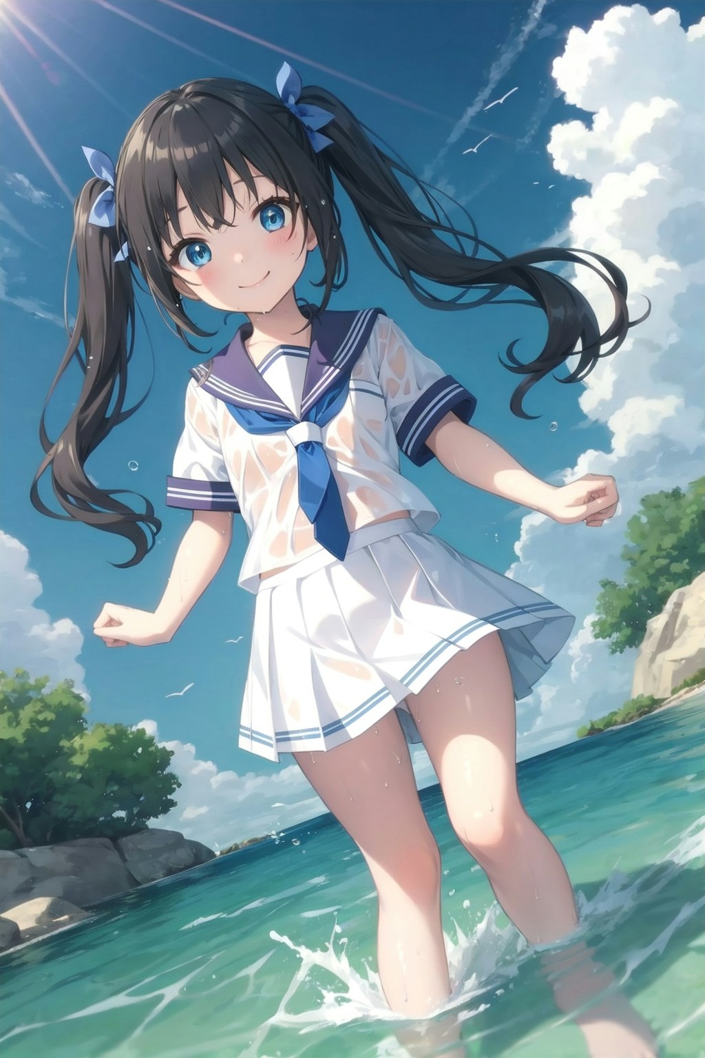 制服のまま水遊び