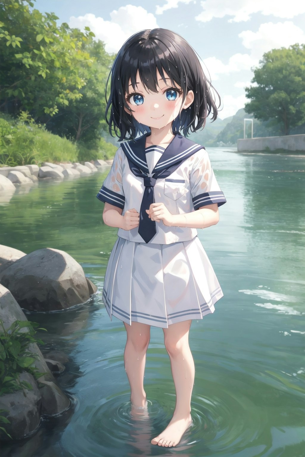 制服のまま水遊び