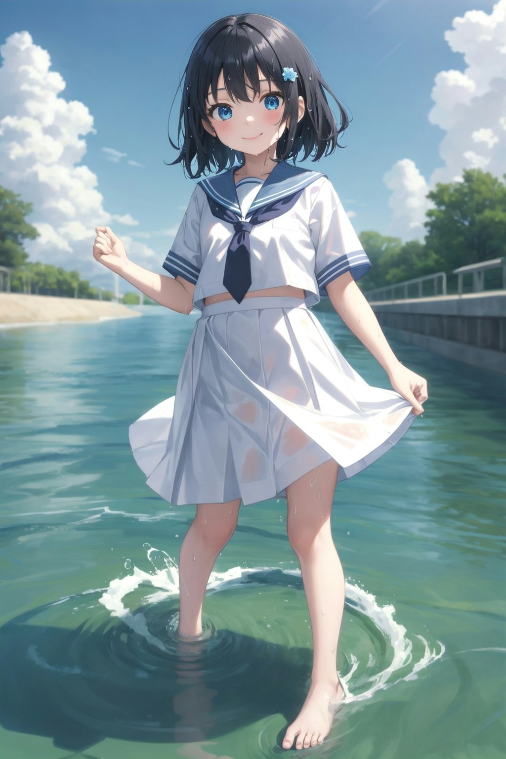 制服のまま水遊び