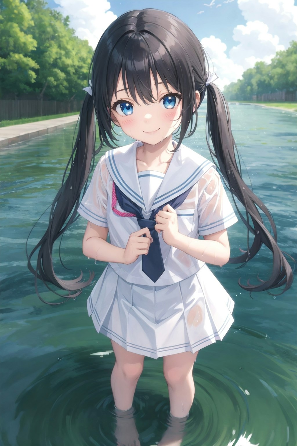 制服のまま水遊び