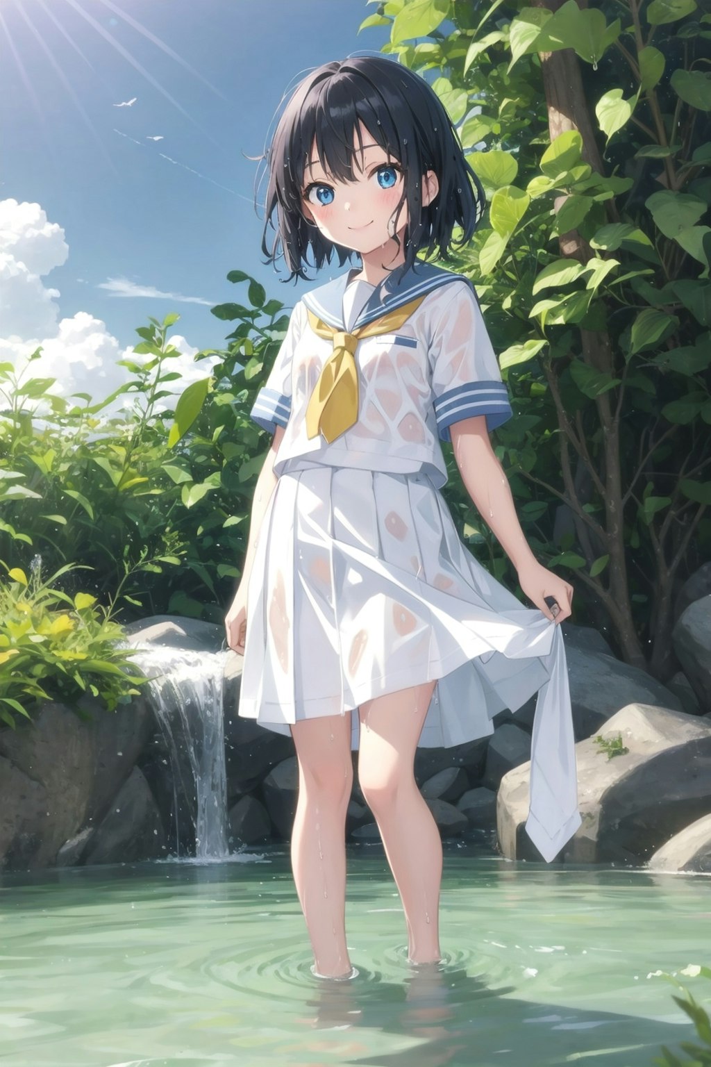 制服のまま水遊び