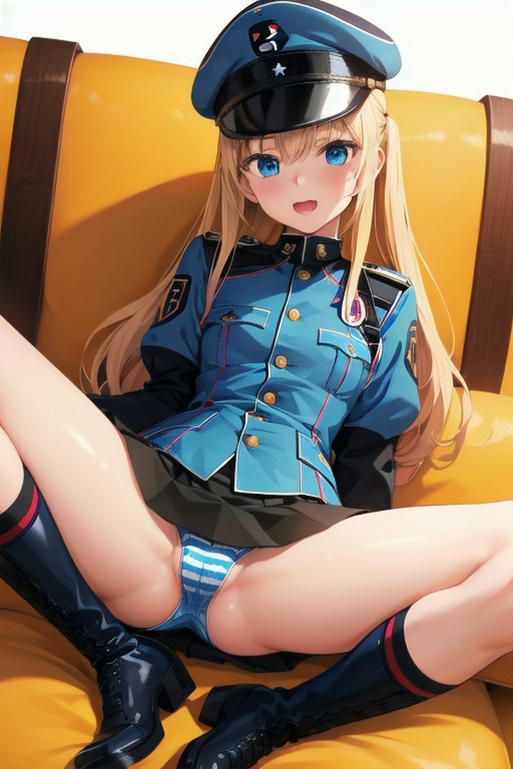 頬を赤らめた青白縞パン軍服少女