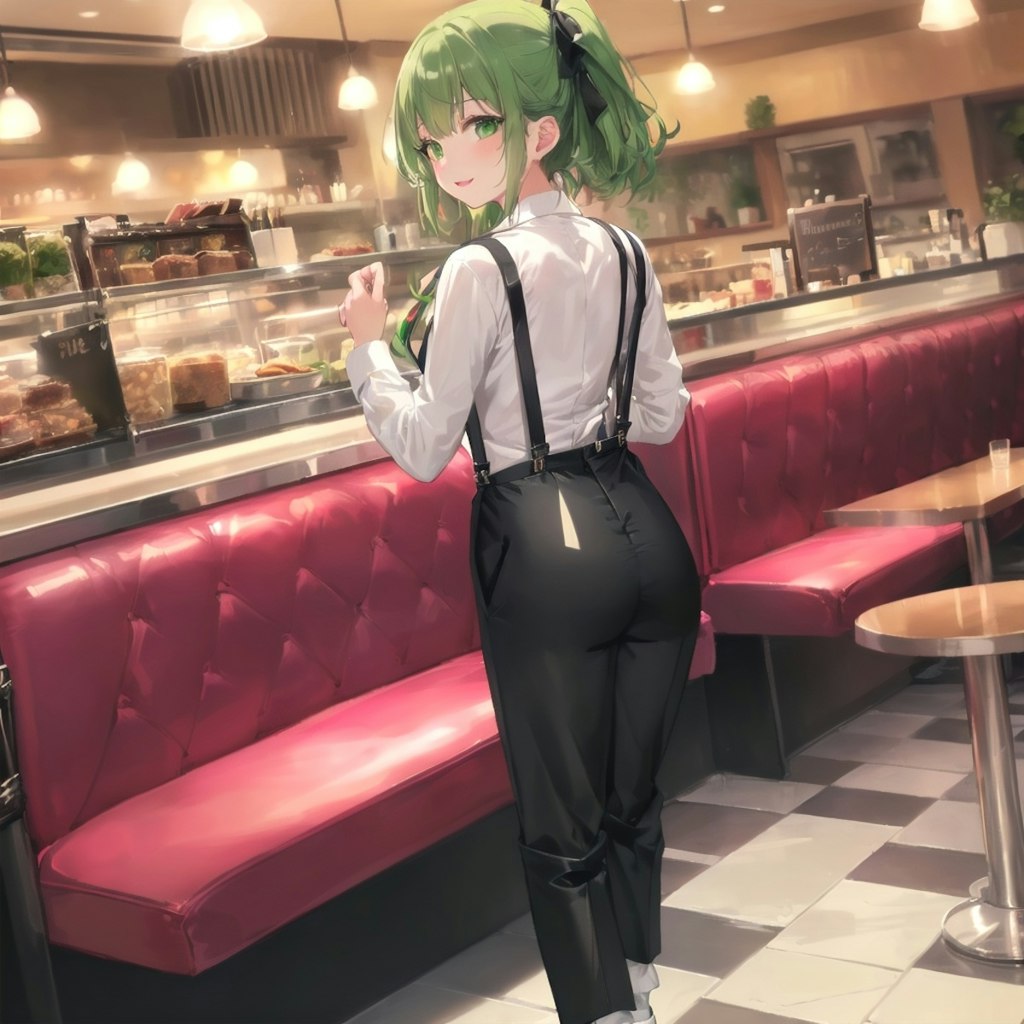 夜のカフェで働いている緑髪の女の子