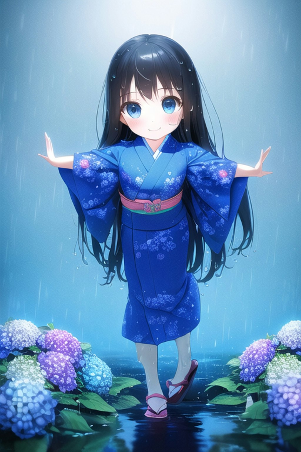 失敗作色々その２、雨の中紫陽花の中で手を広げる黒髪和服幼女風