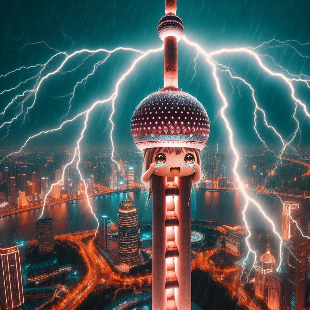 【謎画像】上海の東方明珠電視塔なりきり体験中に運悪く雷に打たれた女の子