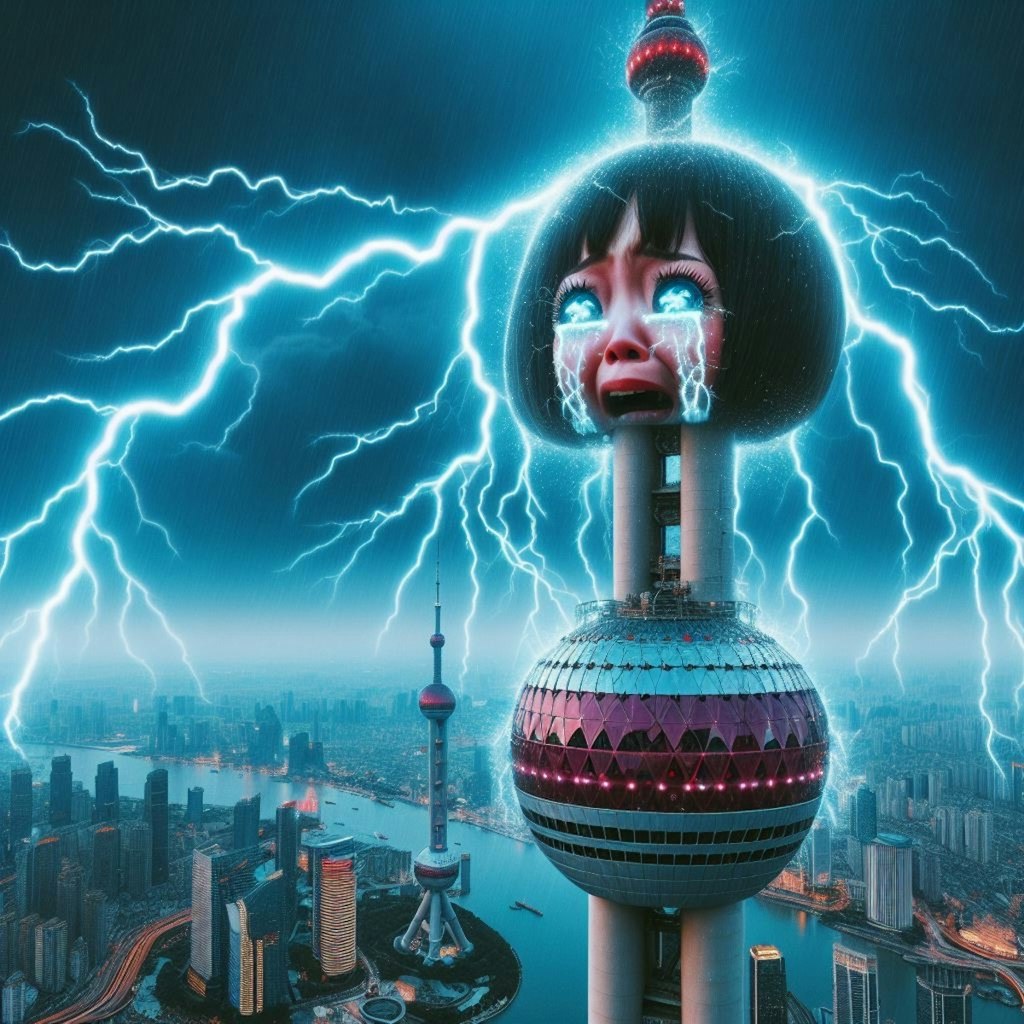 【謎画像】上海の東方明珠電視塔なりきり体験中に運悪く雷に打たれた女の子