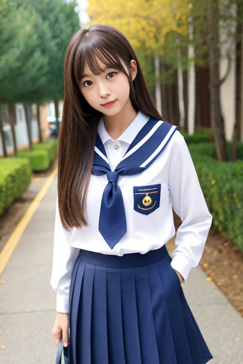 かわいいセーラー服の女の子　登校前