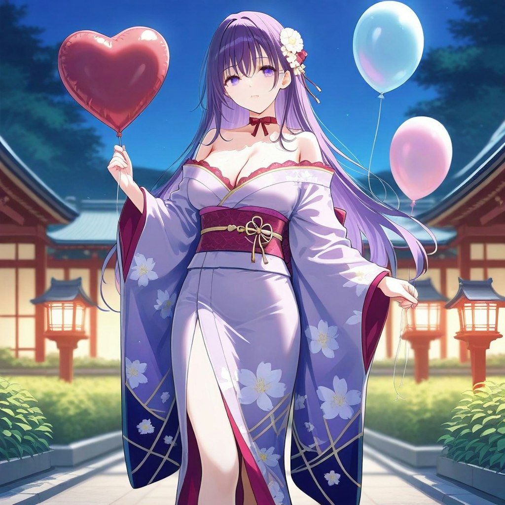 神社で風船を膨らませて遊ぶ紫髪ロングの和服美女