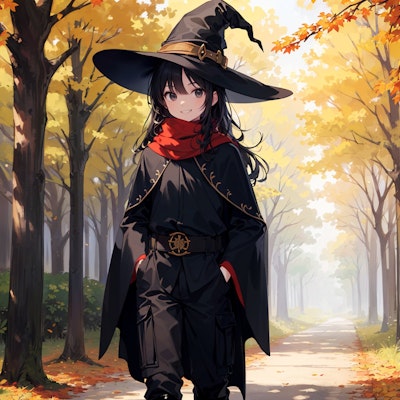 秋の並木道を歩く魔女