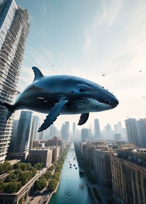A whale flies over the city