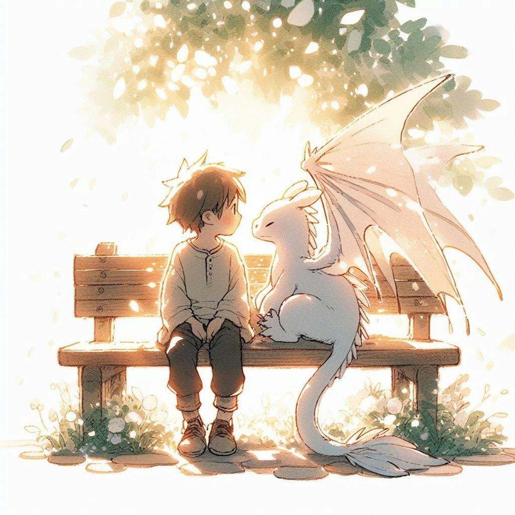 ベンチで休む少年と白い竜🪽