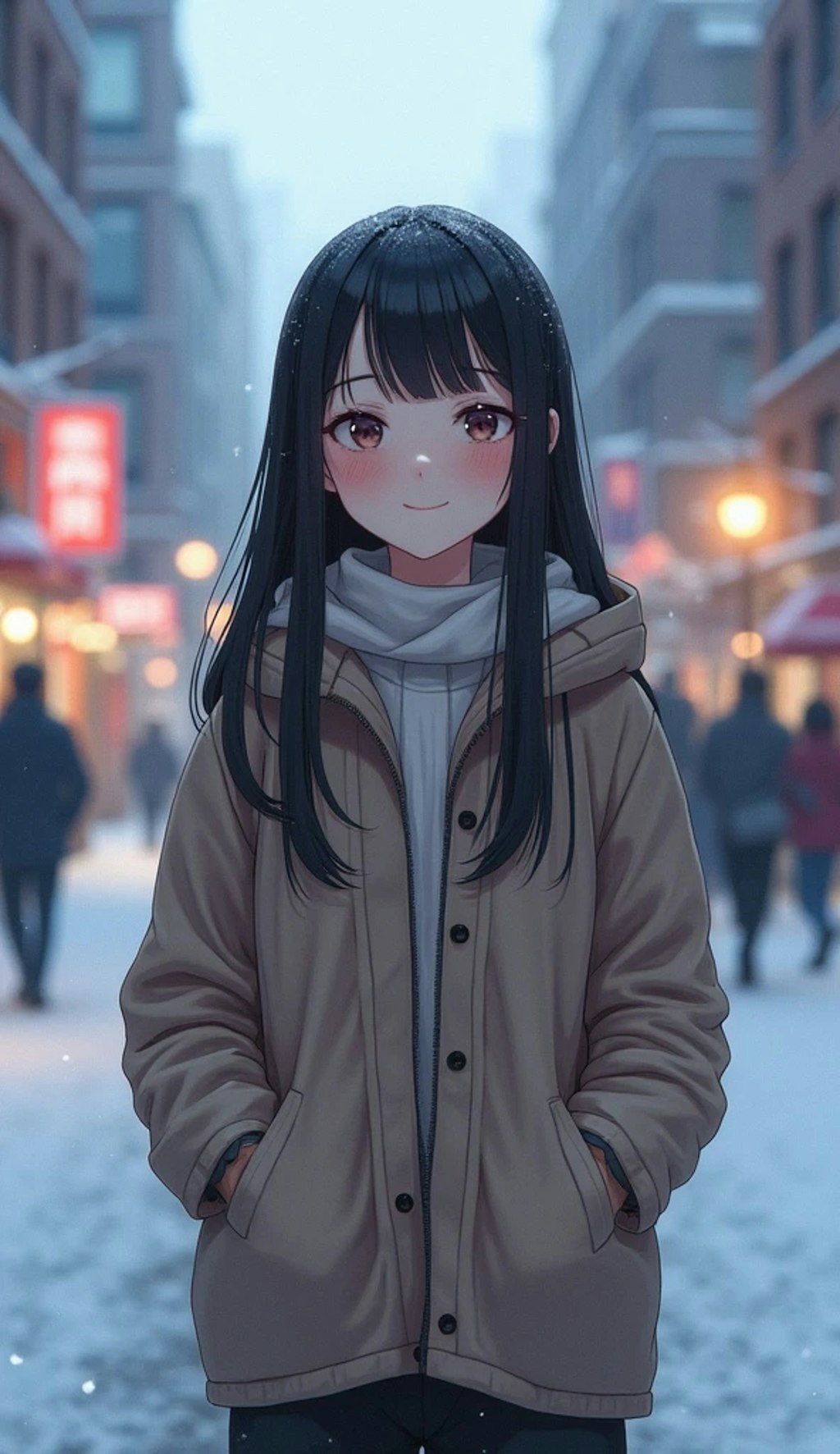 夕方の町の黒髪少女