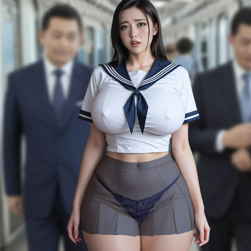 巨乳OLにセーラー服とエロい下着を履かせて朝の混雑してくる電車に乗せてみる