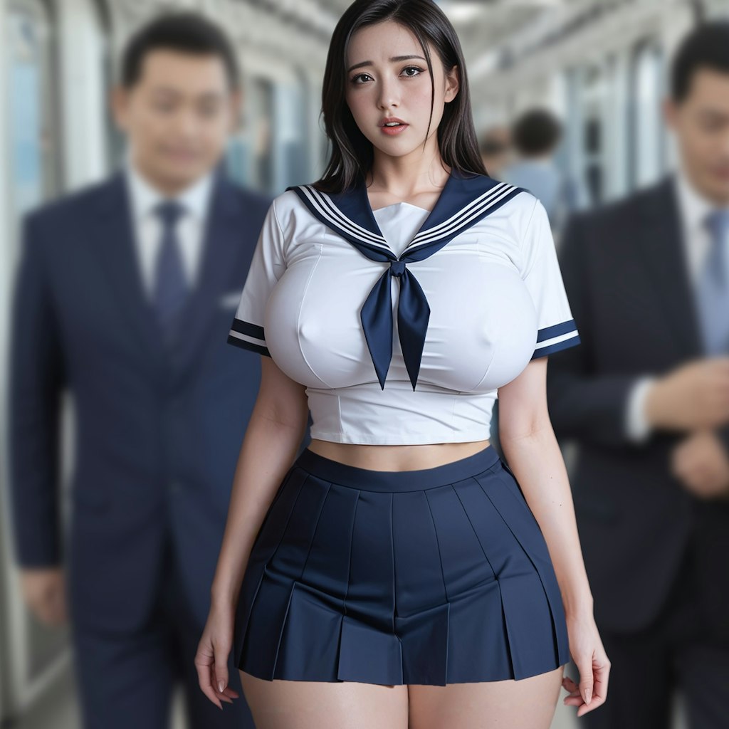 巨乳OLにセーラー服とエロい下着を履かせて朝の混雑してくる電車に乗せてみる