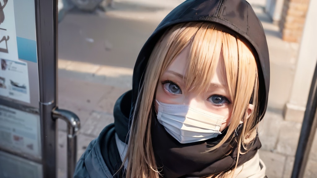 A girl with long blonde hair wearing a hood standing at the station