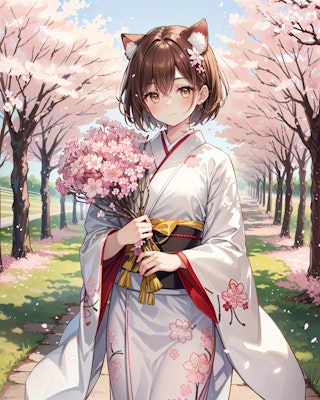桜を持つ着物姿の猫娘