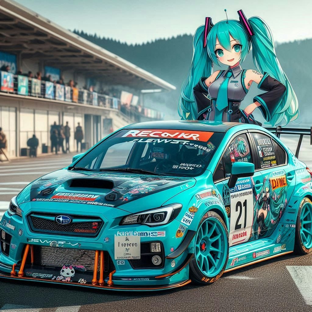 初音ミクカラーのWRXレーシングカー