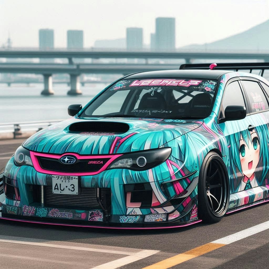 初音ミクカラーのWRXレーシングカー