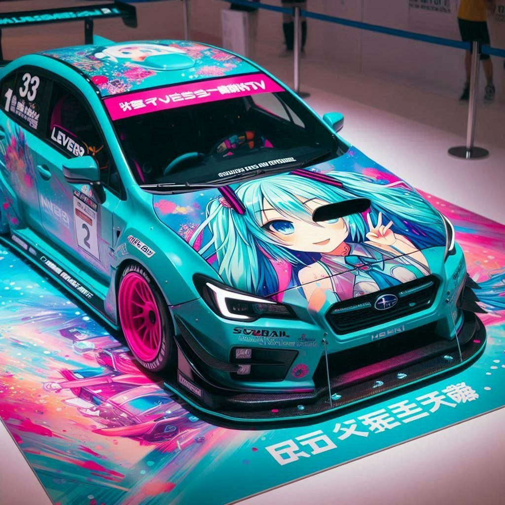 初音ミクカラーのWRXレーシングカー