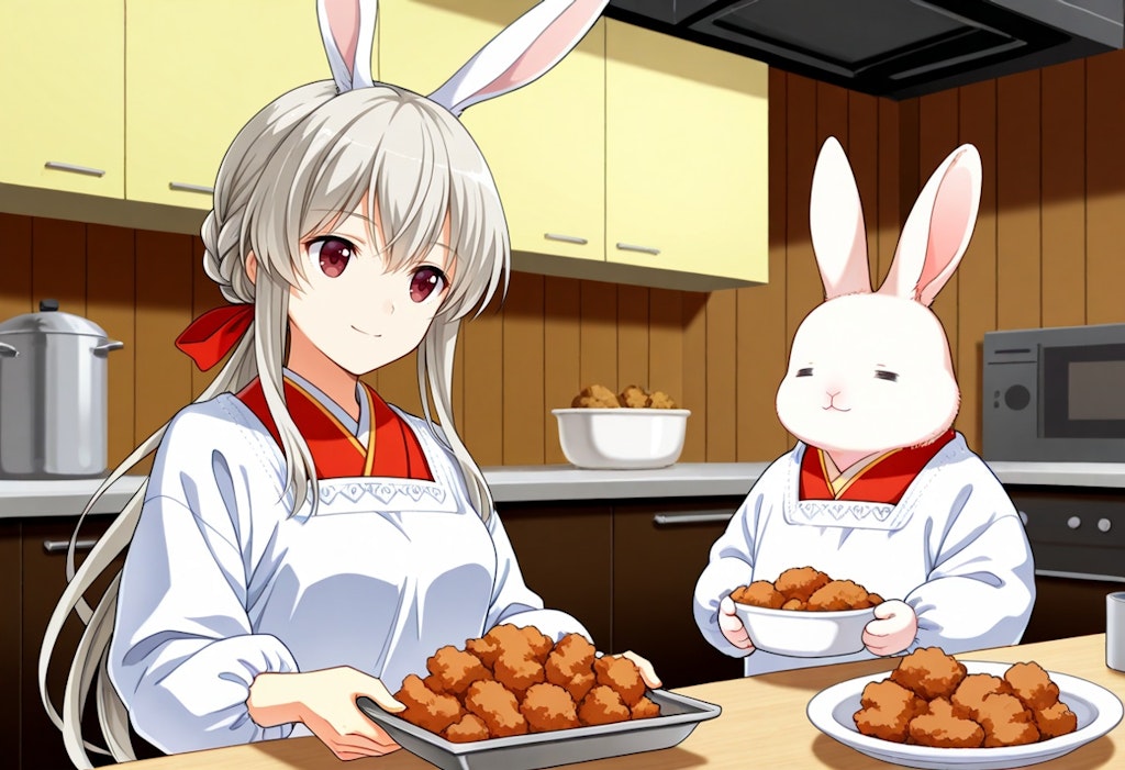 エリアーヌさんと兎シェフのラビシェット・キャロルさんの唐揚げ