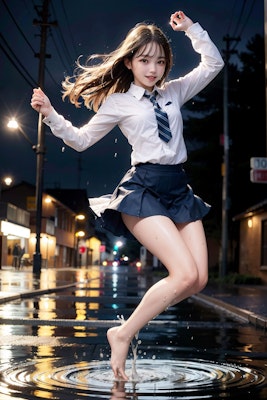 ひどい雨のあと楽しくなって水溜りでジャンプする女子高生