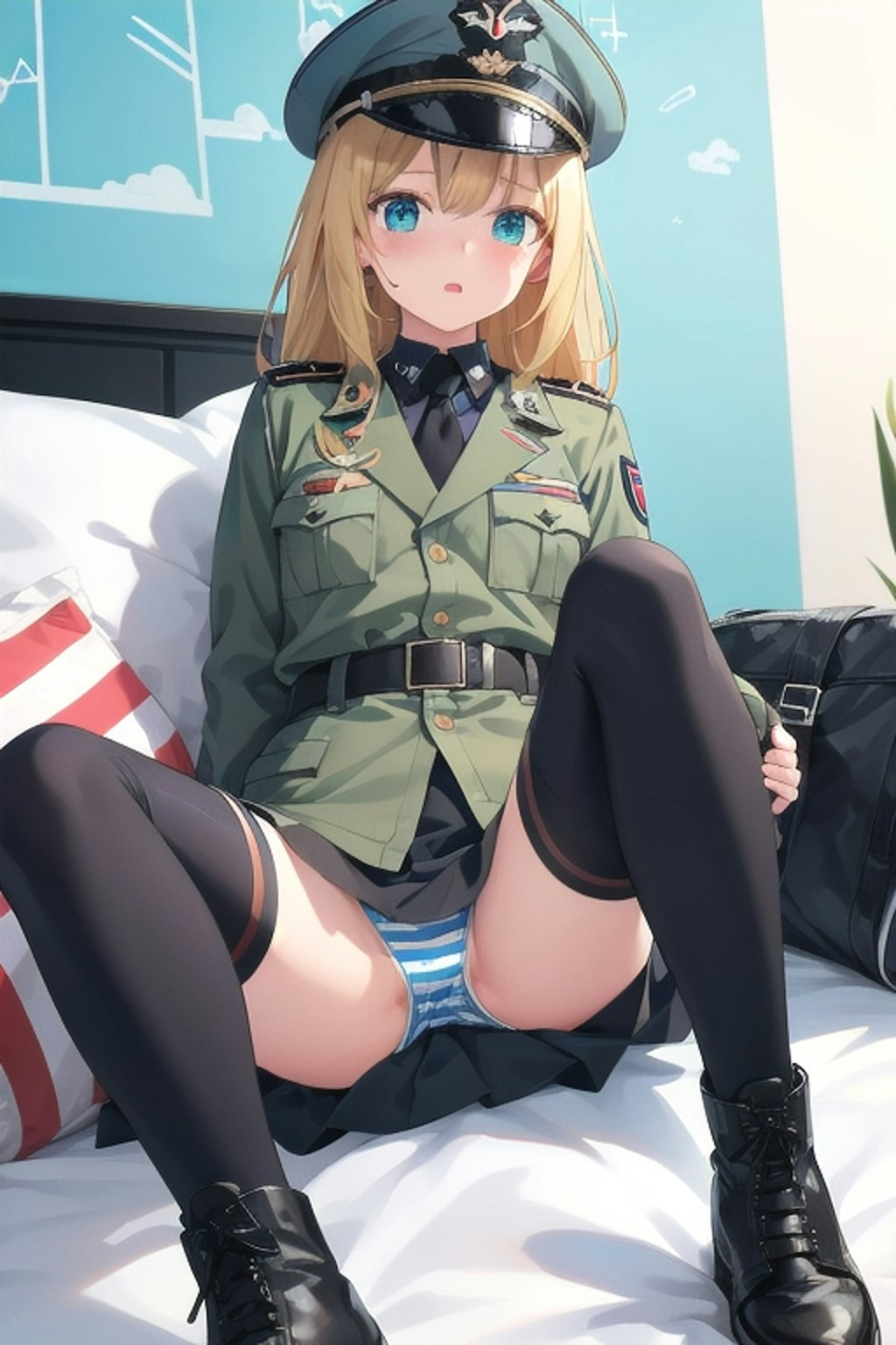 緑軍服縞パン少女