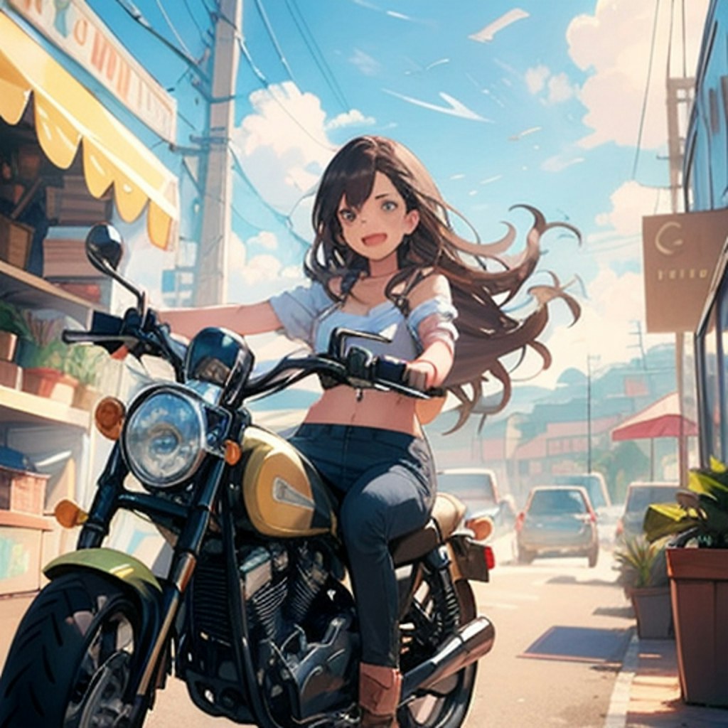 青空の下、カフェ近くの道路をバイクで走っていく女の子