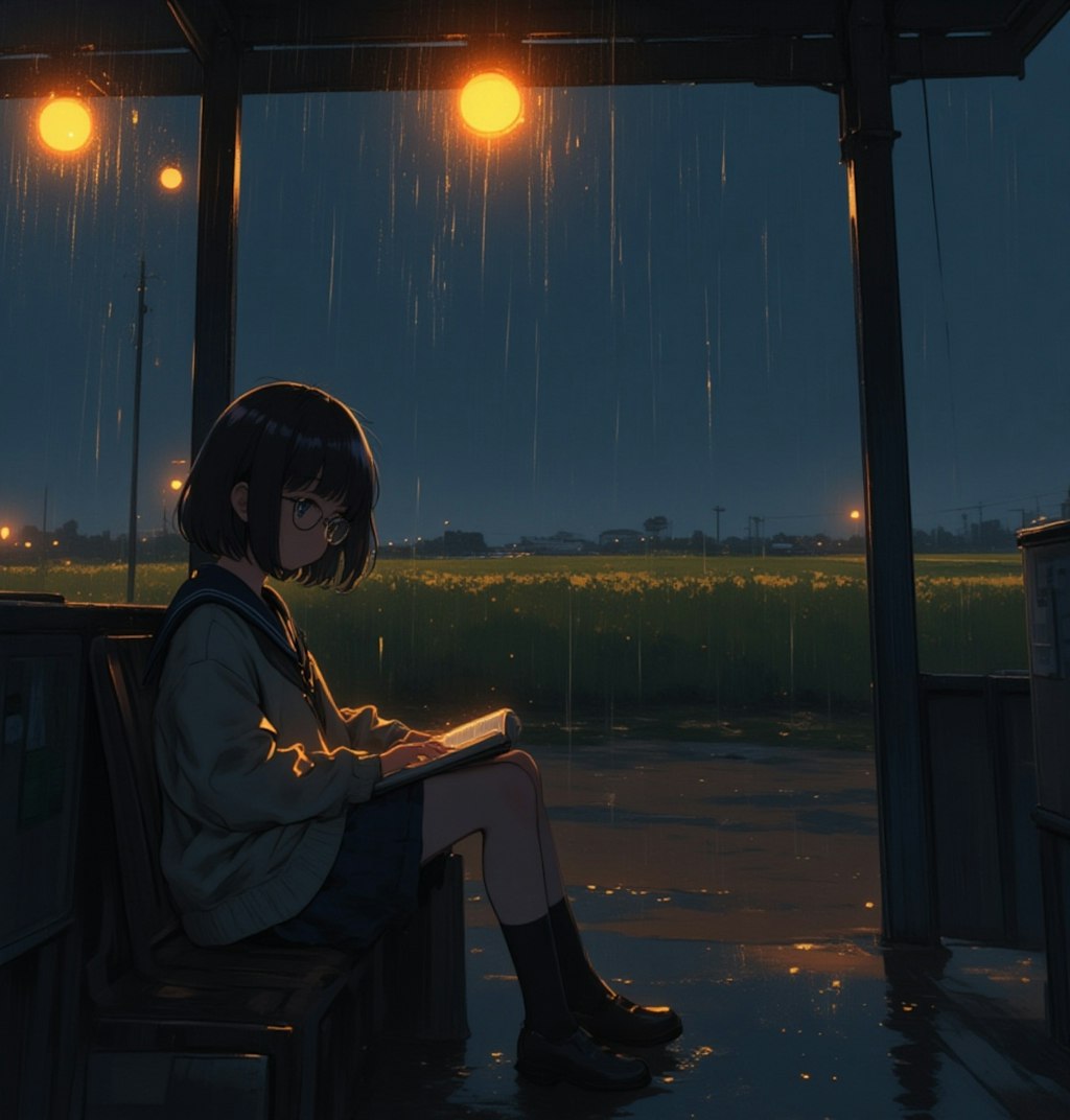 雨の日の薄暮 読書してバスを待つ