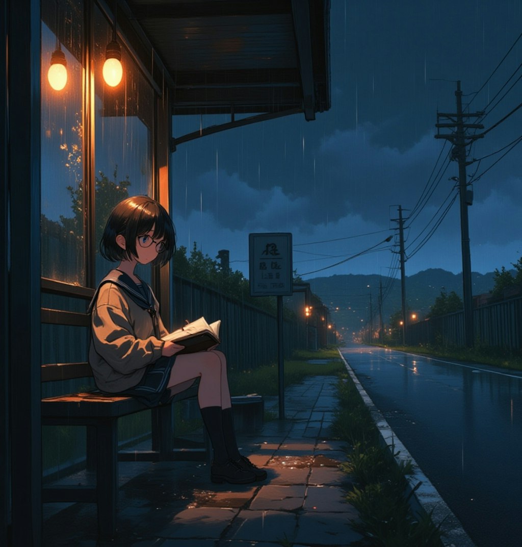 雨の日の薄暮 読書してバスを待つ