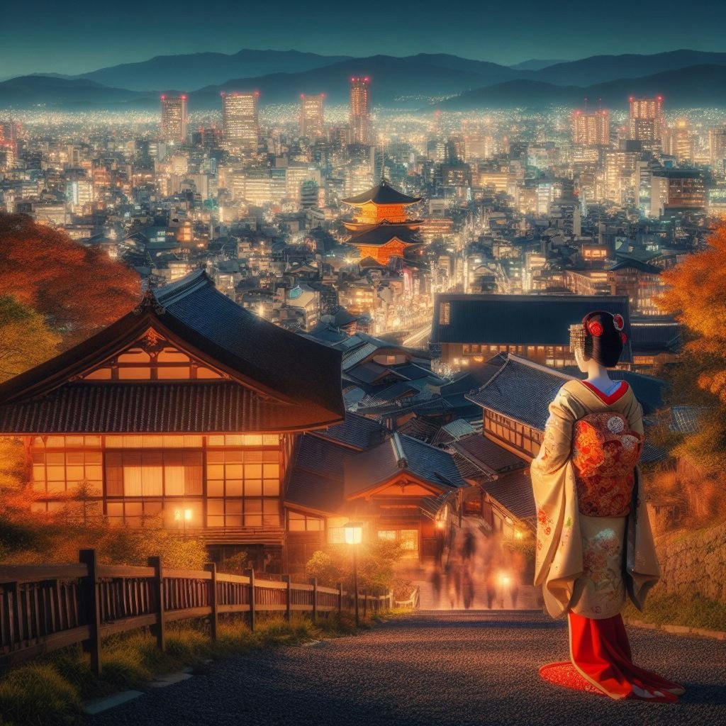 京都の夜景と舞妓さん