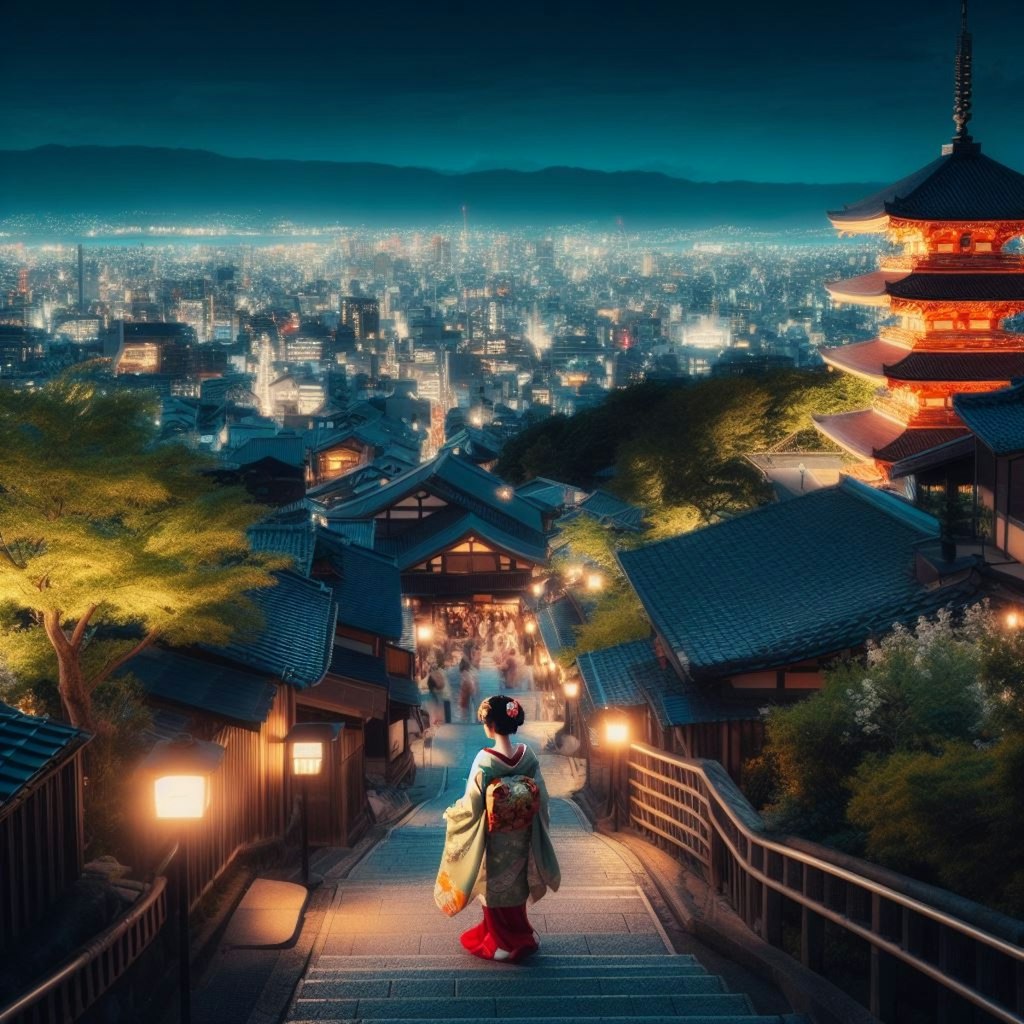 京都の夜景と舞妓さん