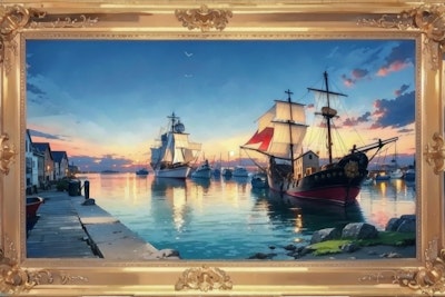 夜明けの港とガレオン船