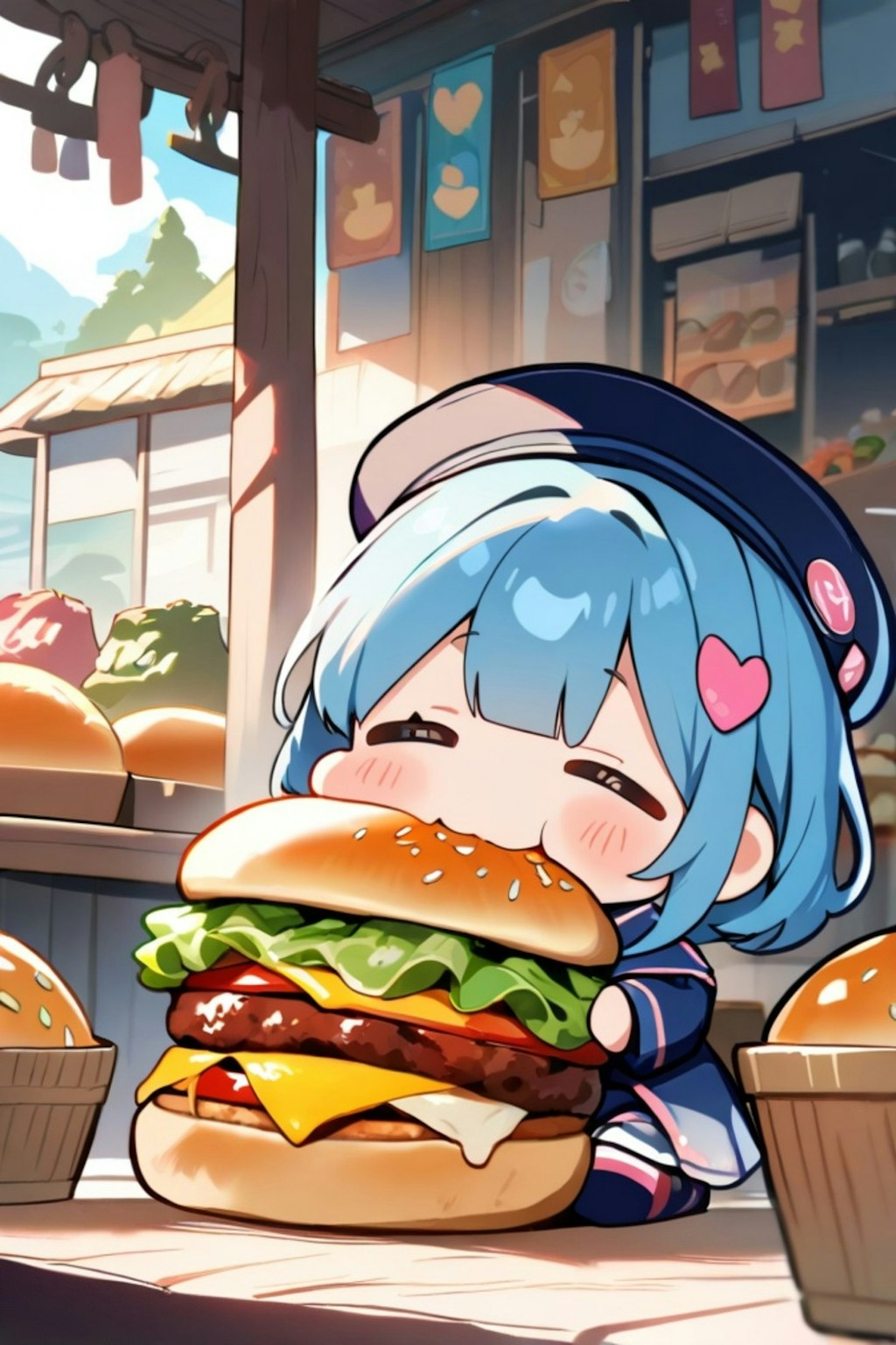ハンバーガーを食べる青髪ちゃん
