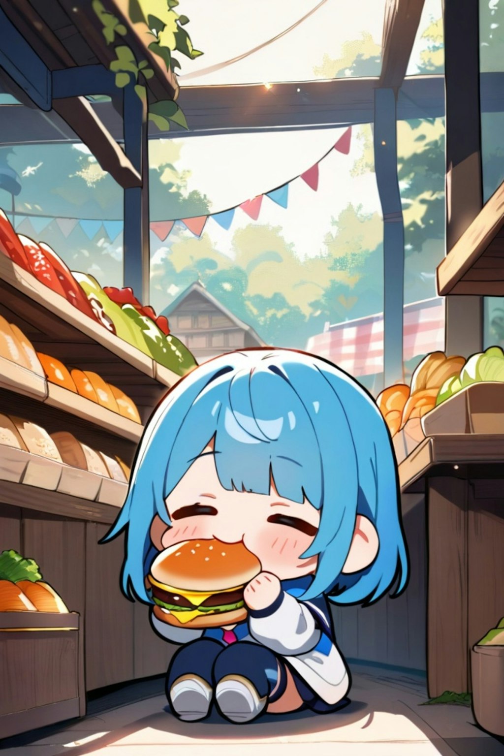 ハンバーガーを食べる青髪ちゃん