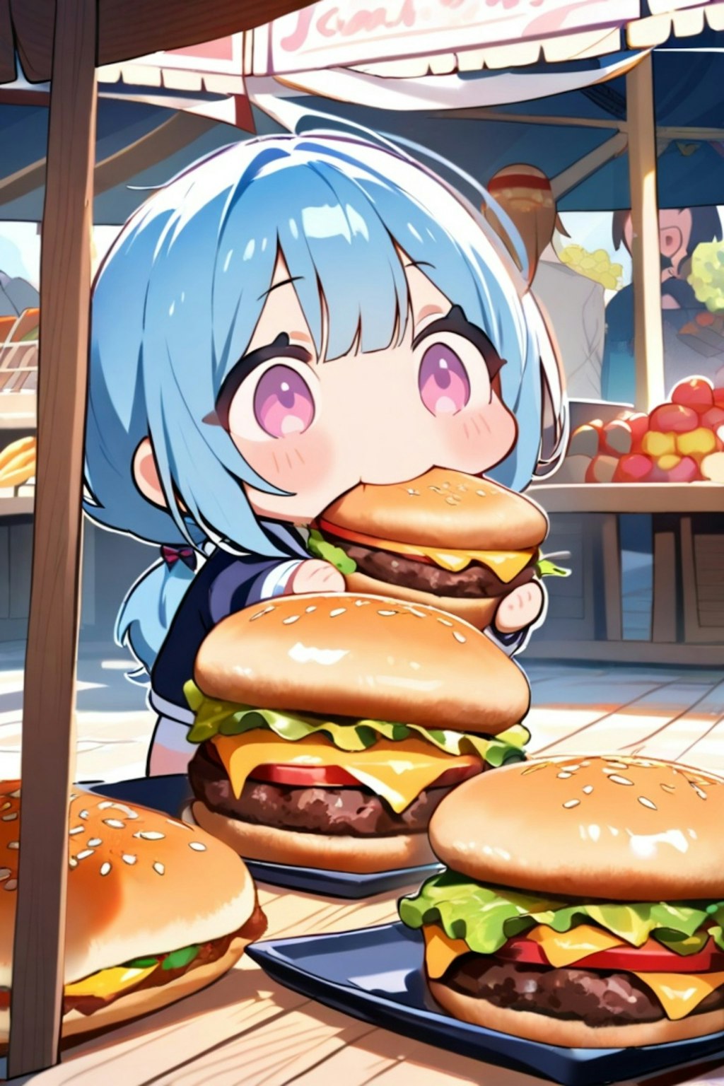 ハンバーガーを食べる青髪ちゃん