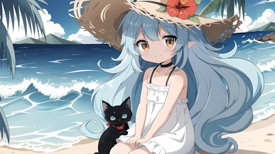 少女と黒猫は海で遊ぶ。