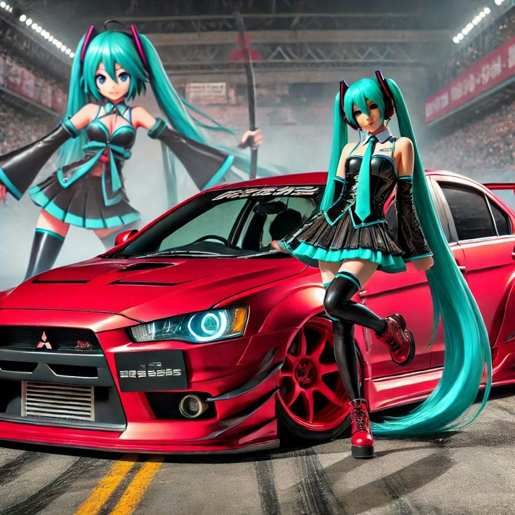 初音ミクキャラとレッドカラー三菱ランサーエボリューションのドリ車