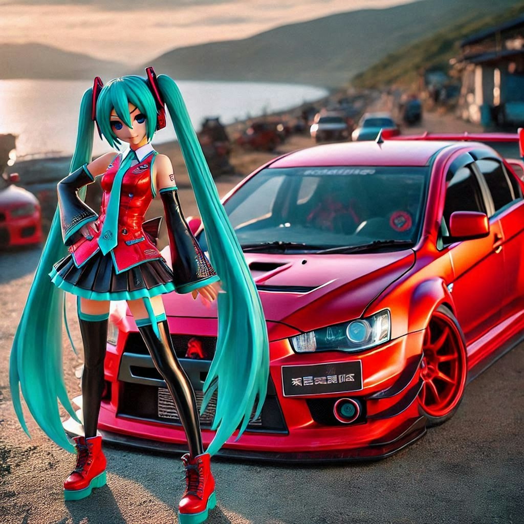 初音ミクキャラとレッドカラー三菱ランサーエボリューションのドリ車