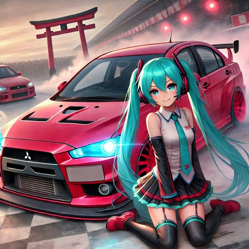 初音ミクキャラとレッドカラー三菱ランサーエボリューションのドリ車