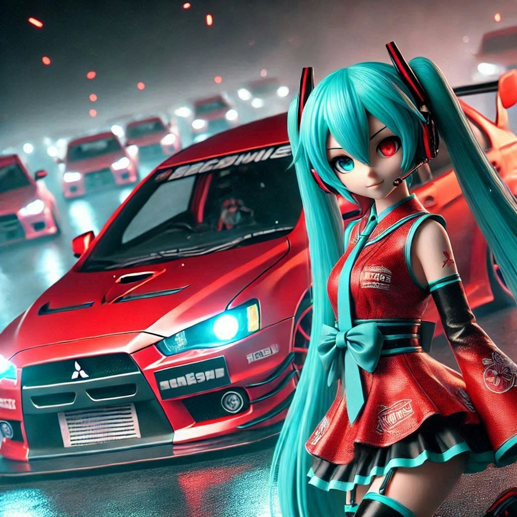 初音ミクキャラとレッドカラー三菱ランサーエボリューションのドリ車