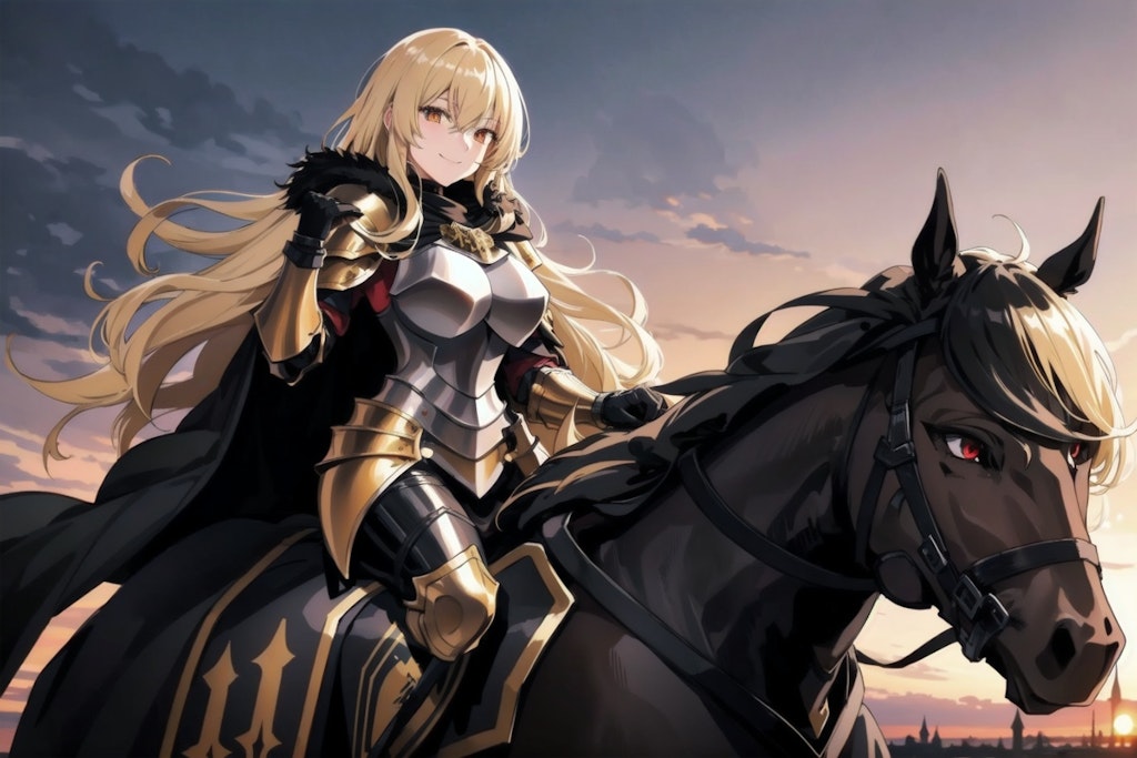 夕日と馬に乗るブロンドの女騎士さん
