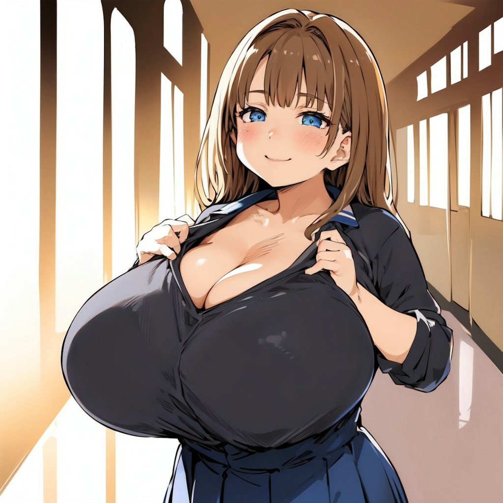 でか乳を見つめる女子高生