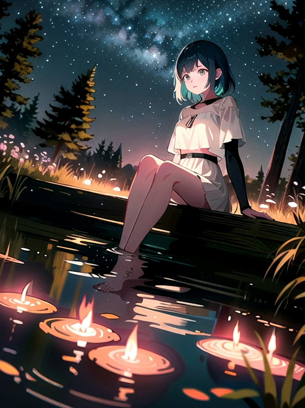 夜の池と少女